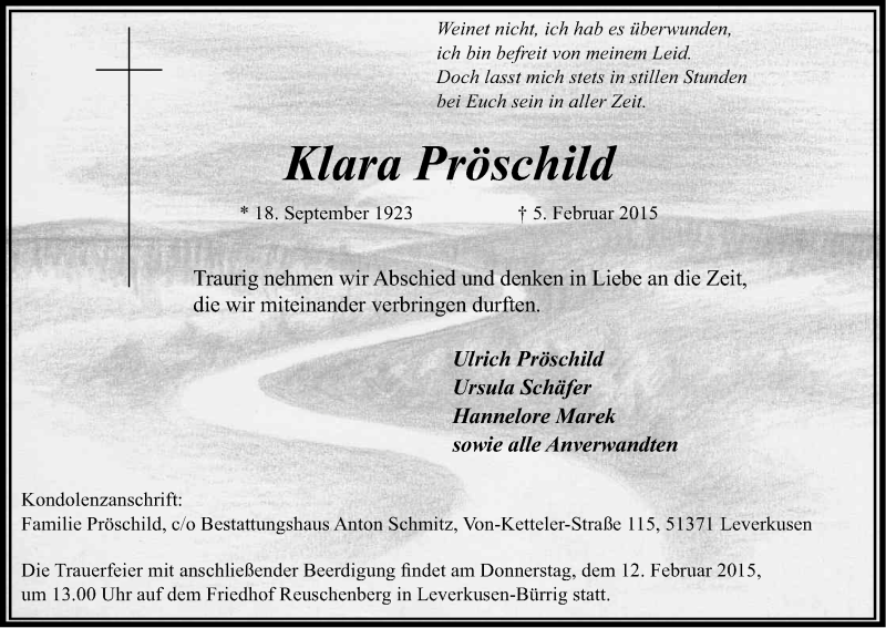  Traueranzeige für Klara Pröschild vom 09.02.2015 aus Kölner Stadt-Anzeiger / Kölnische Rundschau / Express