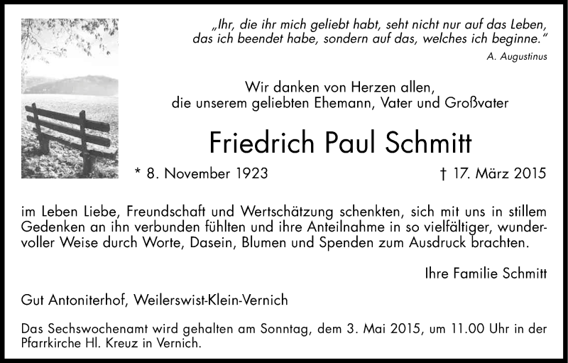  Traueranzeige für Friedrich Paul Schmitt vom 25.04.2015 aus Kölner Stadt-Anzeiger / Kölnische Rundschau / Express