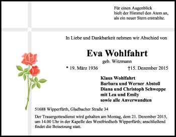 Anzeige von Eva Wohlfahrt von Kölner Stadt-Anzeiger / Kölnische Rundschau / Express