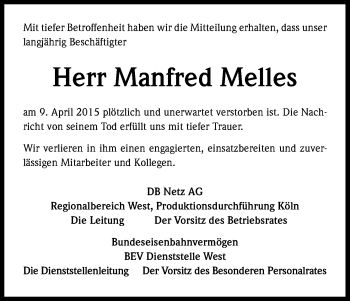 Anzeige von Manfred Melles von Kölner Stadt-Anzeiger / Kölnische Rundschau / Express