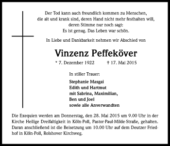 Anzeige von Vinzenz Peffeköver von Kölner Stadt-Anzeiger / Kölnische Rundschau / Express