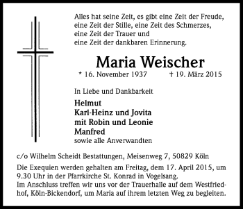 Anzeige von Maria Weischer von Kölner Stadt-Anzeiger / Kölnische Rundschau / Express