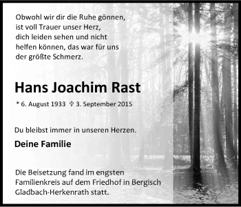 Anzeige von Hans Joachim Rast von Kölner Stadt-Anzeiger / Kölnische Rundschau / Express