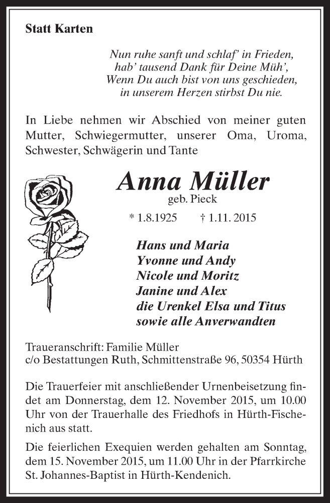  Traueranzeige für Anna Müller vom 11.11.2015 aus  Wochenende 