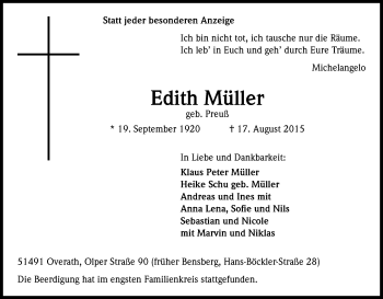 Anzeige von Edith Müller von Kölner Stadt-Anzeiger / Kölnische Rundschau / Express