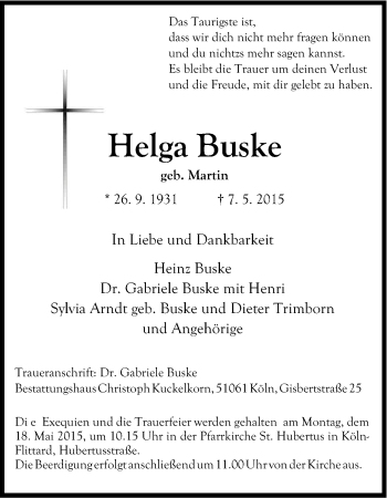 Anzeige von Helga Buske von Kölner Stadt-Anzeiger / Kölnische Rundschau / Express