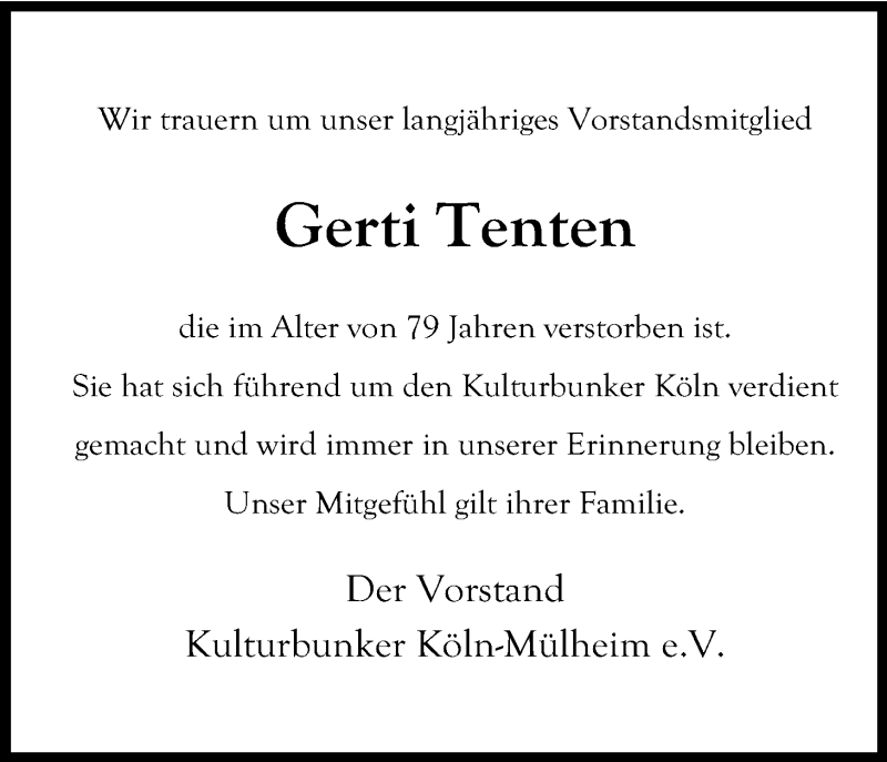  Traueranzeige für Gerti Tenten vom 06.05.2015 aus Kölner Stadt-Anzeiger / Kölnische Rundschau / Express