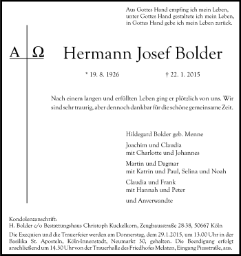 Anzeige von Hermann Josef Bolder von Kölner Stadt-Anzeiger / Kölnische Rundschau / Express