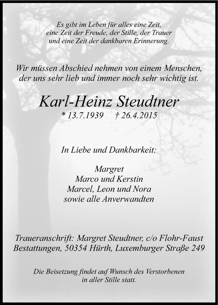  Traueranzeige für Karl-Heinz Steudtner vom 02.05.2015 aus Kölner Stadt-Anzeiger / Kölnische Rundschau / Express
