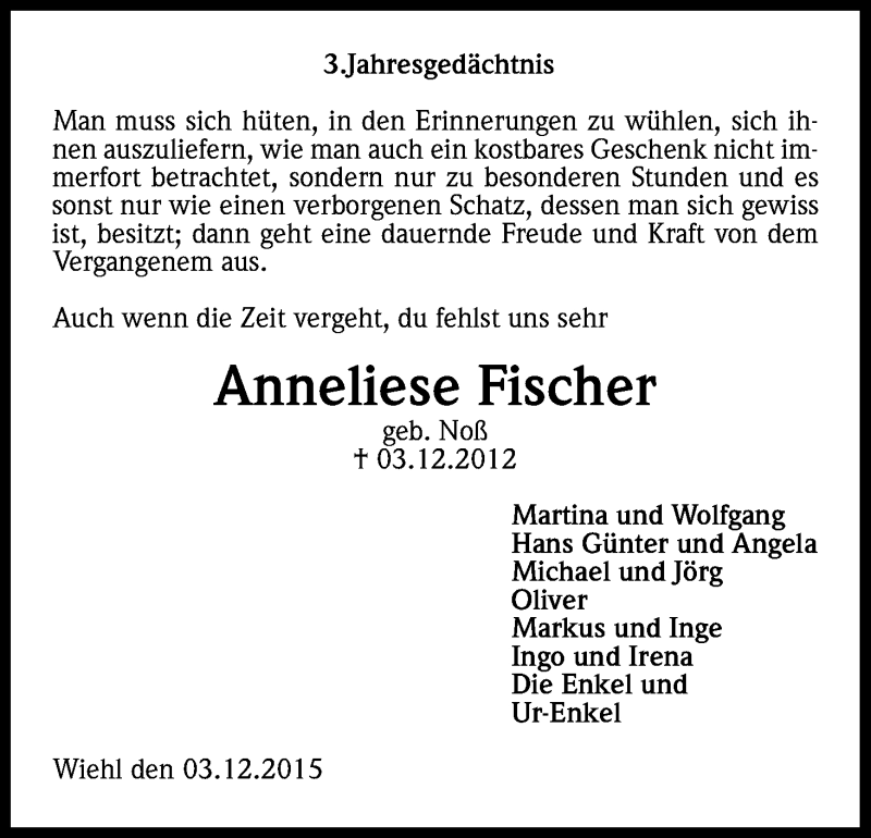  Traueranzeige für Anneliese Fischer vom 03.12.2015 aus Kölner Stadt-Anzeiger / Kölnische Rundschau / Express