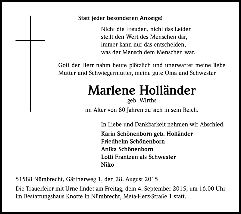 Traueranzeige für Marlene Holländer vom 01.09.2015 aus Kölner Stadt-Anzeiger / Kölnische Rundschau / Express