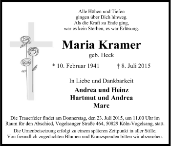 Anzeige von Maria Kramer von Kölner Stadt-Anzeiger / Kölnische Rundschau / Express
