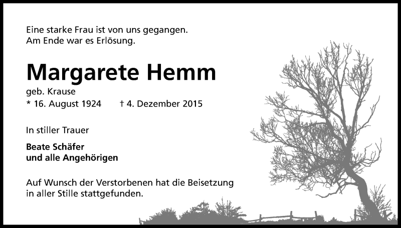  Traueranzeige für Margarete Hemm vom 12.12.2015 aus Kölner Stadt-Anzeiger / Kölnische Rundschau / Express