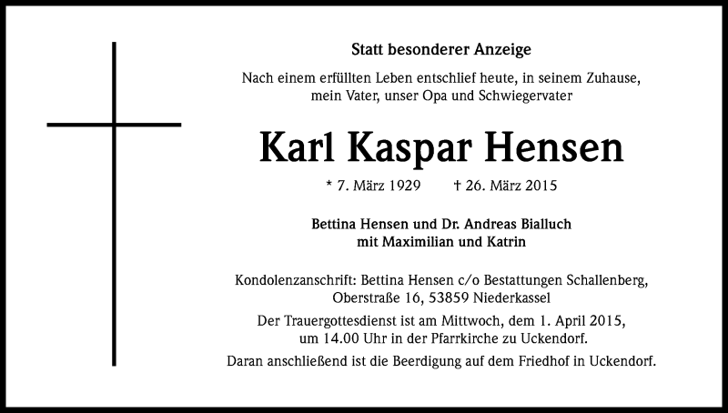  Traueranzeige für Karl Kaspar Hensen vom 28.03.2015 aus Kölner Stadt-Anzeiger / Kölnische Rundschau / Express