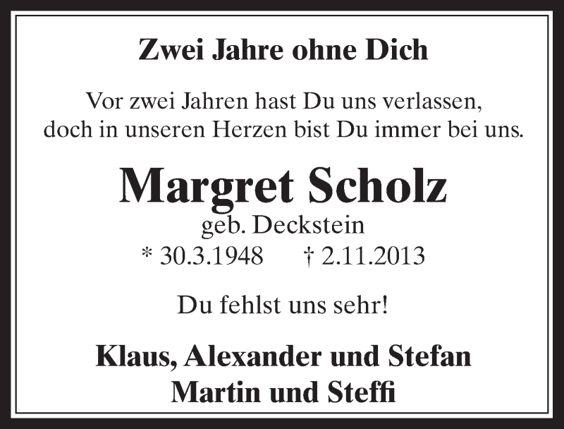 Traueranzeige für Margret Scholz vom 04.11.2015 aus  Wochenende 
