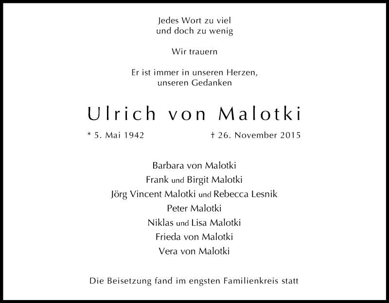  Traueranzeige für Ulrich  von Malotki vom 12.12.2015 aus Kölner Stadt-Anzeiger / Kölnische Rundschau / Express