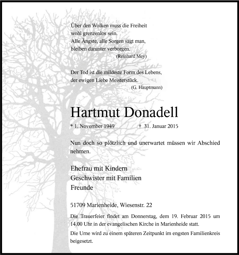  Traueranzeige für Hartmut Donadell vom 14.02.2015 aus Kölner Stadt-Anzeiger / Kölnische Rundschau / Express