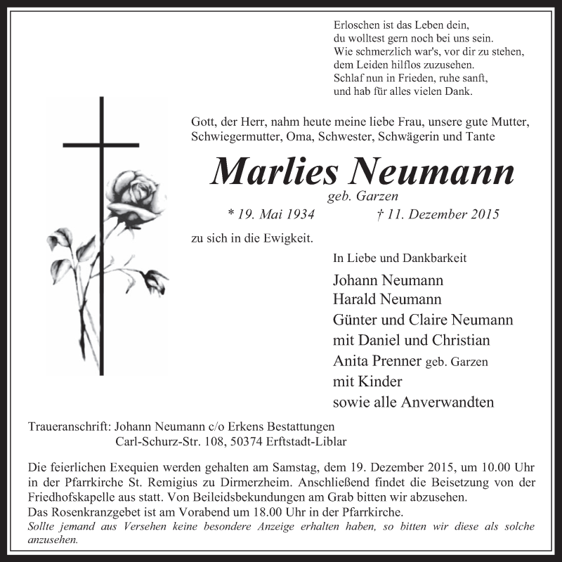  Traueranzeige für Marlies Neumann vom 16.12.2015 aus  Werbepost 