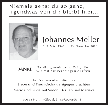 Anzeige von Johannes Meller von  Wochenende 