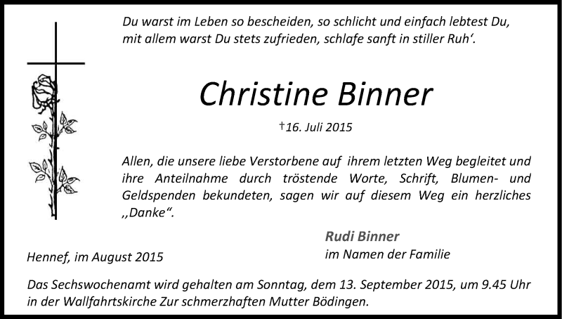  Traueranzeige für Christine Binner vom 15.08.2015 aus Kölner Stadt-Anzeiger / Kölnische Rundschau / Express