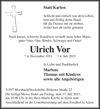 Anzeige von Ulrich Vor von  Lokalanzeiger 