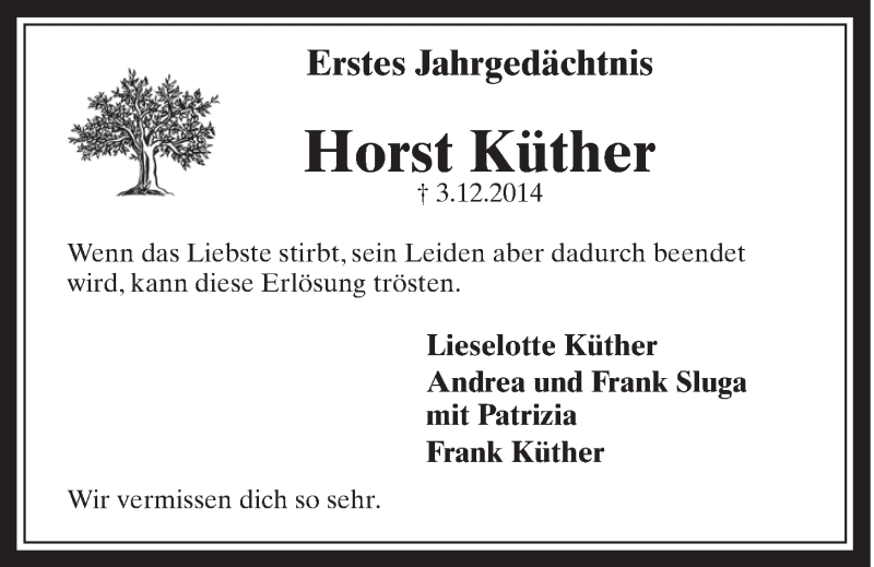  Traueranzeige für Horst Küther vom 02.12.2015 aus  Schaufenster/Blickpunkt 