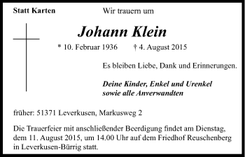 Anzeige von Johann Klein von Kölner Stadt-Anzeiger / Kölnische Rundschau / Express