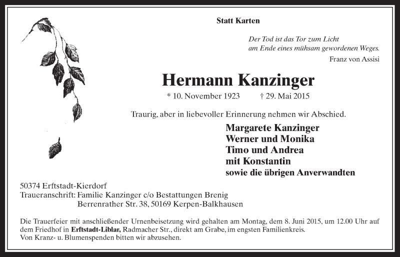  Traueranzeige für Hermann Kanzinger vom 03.06.2015 aus  Werbepost 