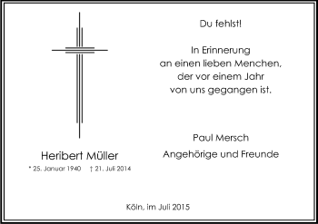 Anzeige von Heribert Müller von Kölner Stadt-Anzeiger / Kölnische Rundschau / Express