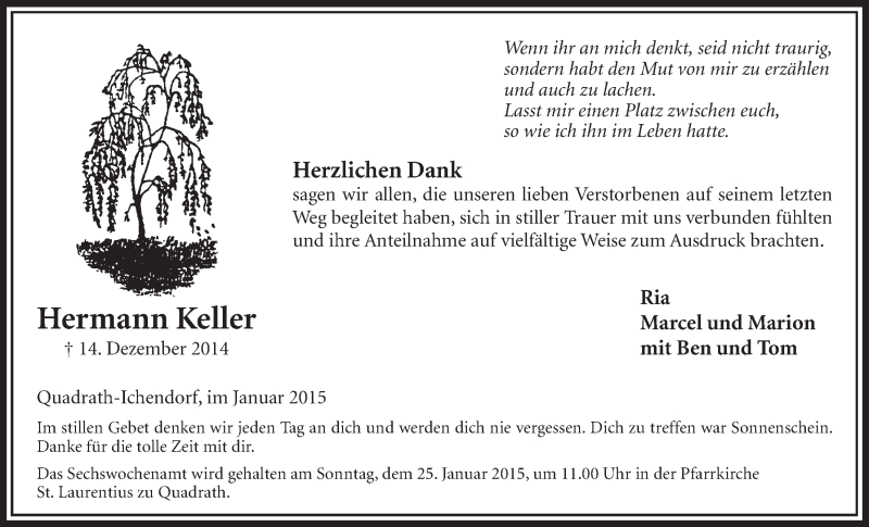  Traueranzeige für Hermann Keller vom 17.01.2015 aus  Sonntags-Post 