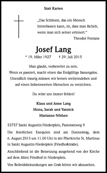 Anzeige von Josef Lang von Kölner Stadt-Anzeiger / Kölnische Rundschau / Express
