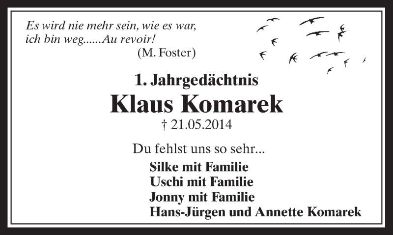  Traueranzeige für Klaus Komarek vom 20.05.2015 aus  Werbepost 
