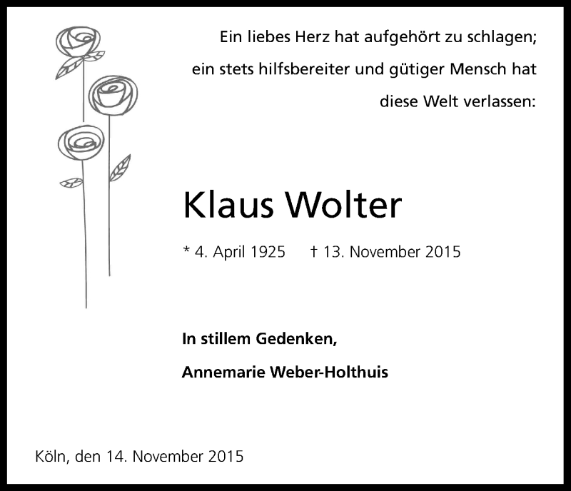  Traueranzeige für Klaus Wolter vom 21.11.2015 aus Kölner Stadt-Anzeiger / Kölnische Rundschau / Express