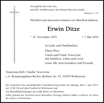 Anzeige von Erwin Ditze von Kölner Stadt-Anzeiger / Kölnische Rundschau / Express