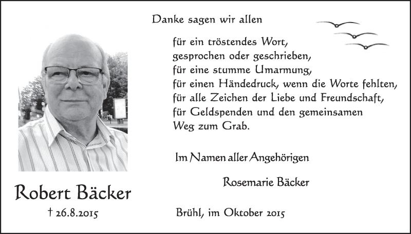  Traueranzeige für Robert Bäcker vom 14.10.2015 aus  Schlossbote/Werbekurier 