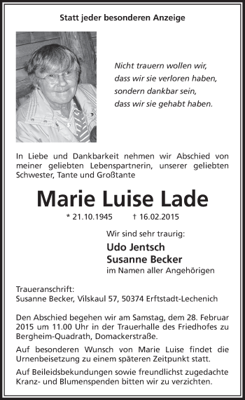 Anzeige von Marie Luise Lade von  Sonntags-Post 