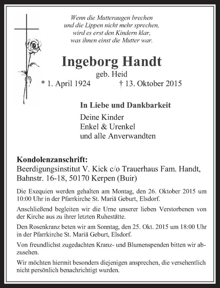  Traueranzeige für Ingeborg Handt vom 21.10.2015 aus  Werbepost 