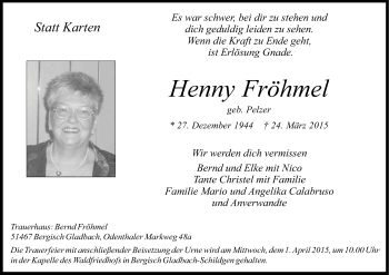 Anzeige von Henny Fröhmel von Kölner Stadt-Anzeiger / Kölnische Rundschau / Express