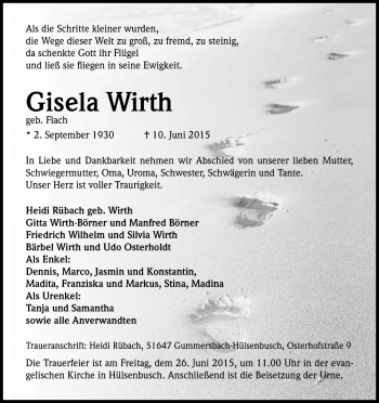Anzeige von Gisela Wirth von Kölner Stadt-Anzeiger / Kölnische Rundschau / Express