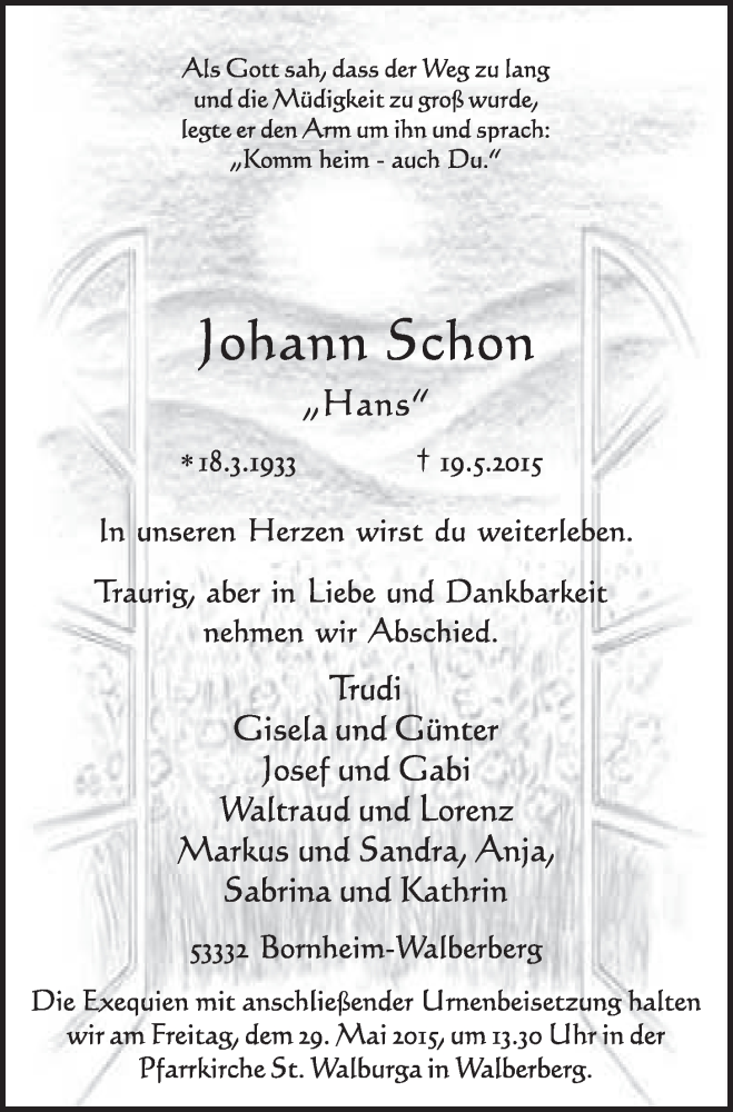  Traueranzeige für Johann Schon vom 27.05.2015 aus  Schlossbote/Werbekurier 