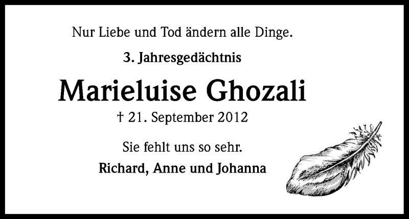  Traueranzeige für Marieluise Ghozali vom 21.09.2015 aus Kölner Stadt-Anzeiger / Kölnische Rundschau / Express