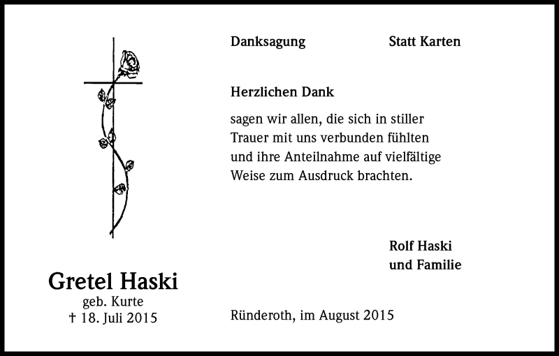  Traueranzeige für Gretel Haski vom 12.08.2015 aus Kölner Stadt-Anzeiger / Kölnische Rundschau / Express