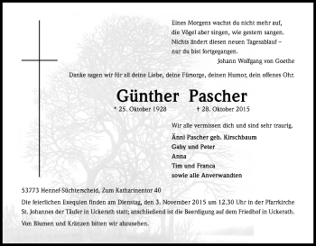 Anzeige von Günther Pascher von Kölner Stadt-Anzeiger / Kölnische Rundschau / Express