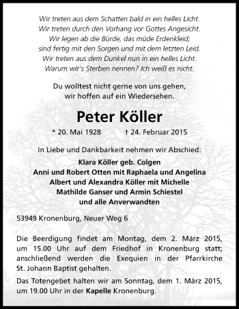 Anzeige von Peter Köller von Kölner Stadt-Anzeiger / Kölnische Rundschau / Express