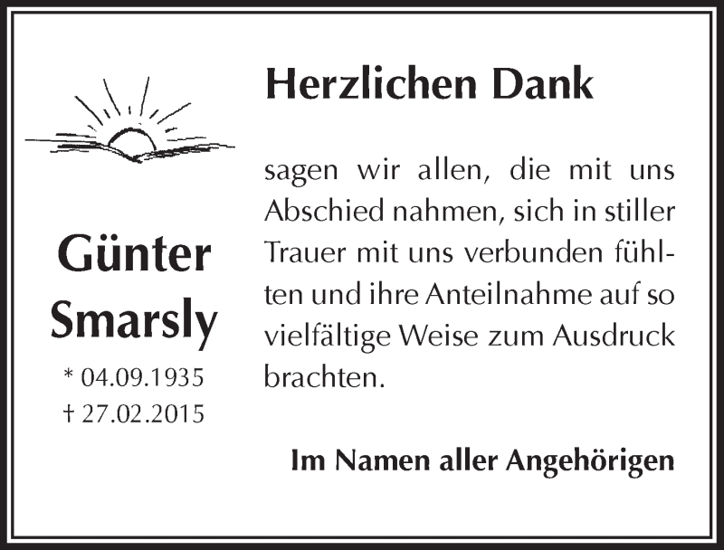  Traueranzeige für Günter Smarsly vom 08.04.2015 aus  Bergisches Handelsblatt 