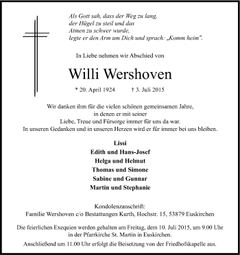 Anzeige von Willi Wershoven von Kölner Stadt-Anzeiger / Kölnische Rundschau / Express