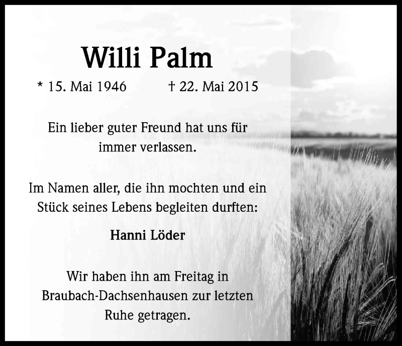  Traueranzeige für Willi Palm vom 06.06.2015 aus Kölner Stadt-Anzeiger / Kölnische Rundschau / Express