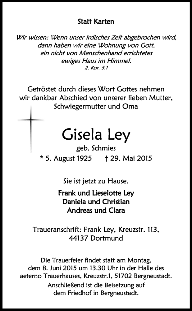  Traueranzeige für Gisela Ley vom 02.06.2015 aus Kölner Stadt-Anzeiger / Kölnische Rundschau / Express