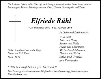 Anzeige von Elfriede Rühl von Kölner Stadt-Anzeiger / Kölnische Rundschau / Express