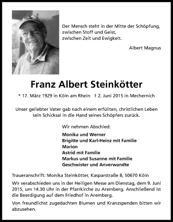 Anzeige von Franz Albert Steinkötter von Kölner Stadt-Anzeiger / Kölnische Rundschau / Express